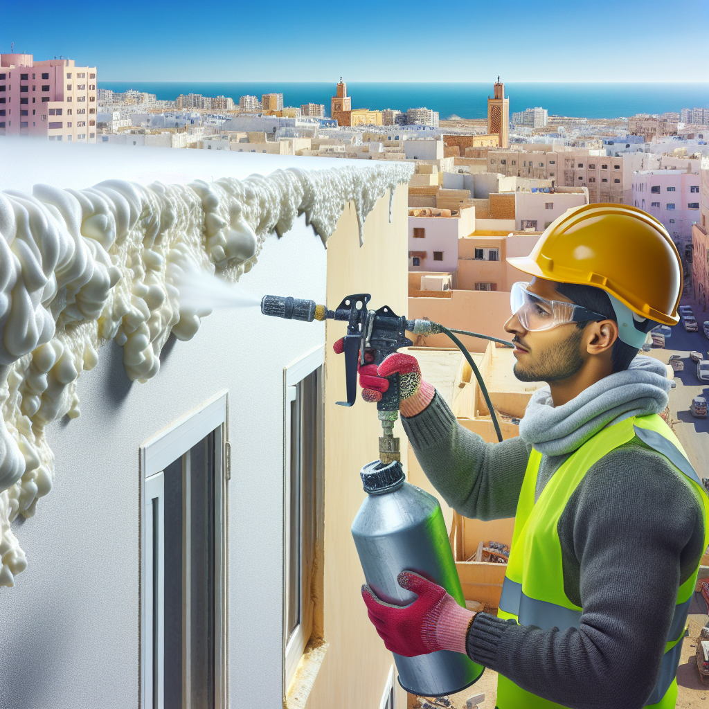 Worker spraying polyurethane foam insulation on an exterior wall in Agadir for thermal and acoustic isolation.