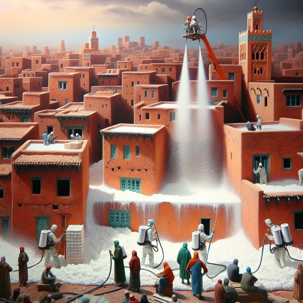 Workers applying sprayed polyurethane foam insulation on roofs of traditional clay buildings in Marrakech.