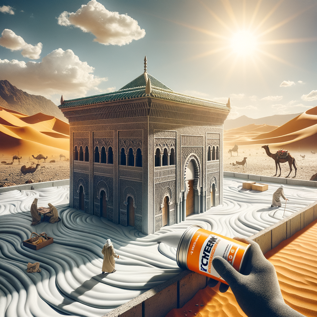 Surreal desert scene with ornate building, camels, and a hand holding a cybernetic pill symbolizing advanced polyurethane spr