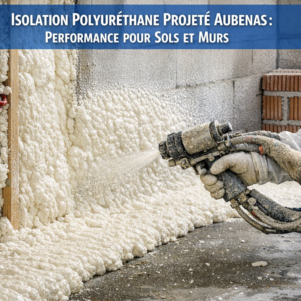 Technician applying sprayed polyurethane foam insulation on walls and floors for thermal efficiency in Aubenas.