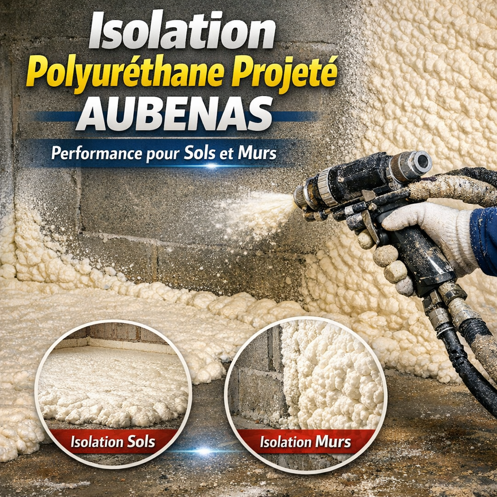 Spray polyurethane foam being applied for insulation on floors and walls, enhancing thermal performance in Aubenas.