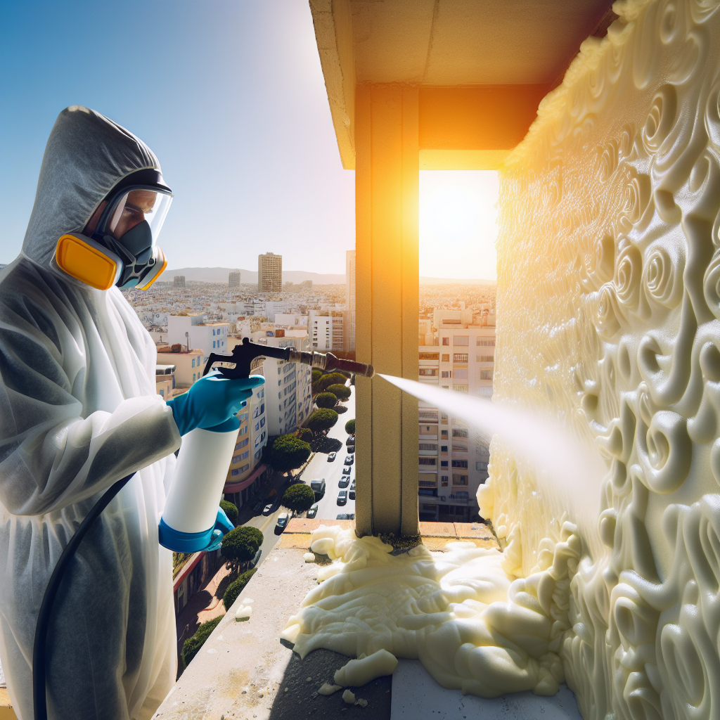 Technician spraying polyurethane foam insulation on building balcony at sunrise for thermal and acoustic isolation.