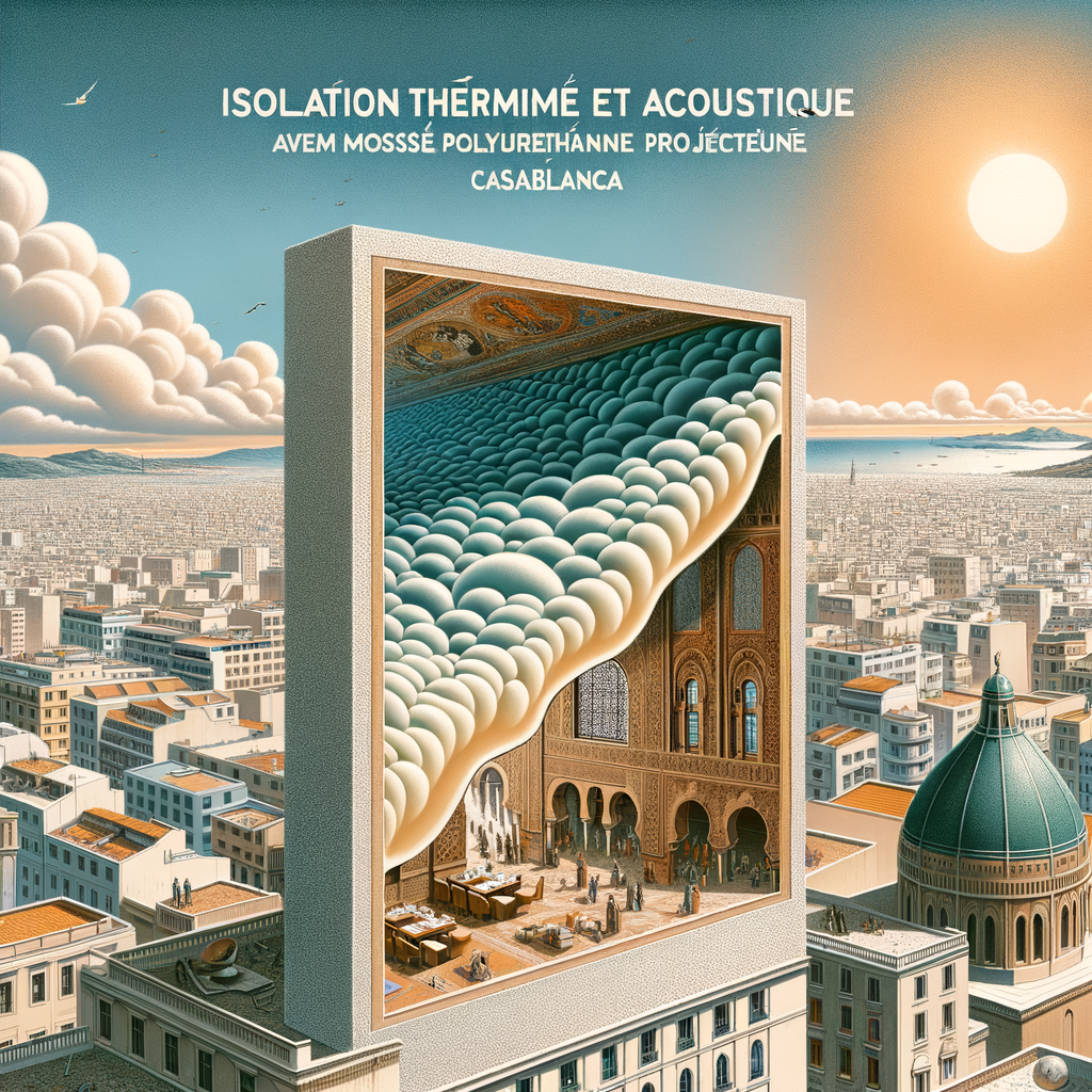 Surreal architectural illustration showing thermal and acoustic insulation with sprayed polyurethane foam in Casablanca.