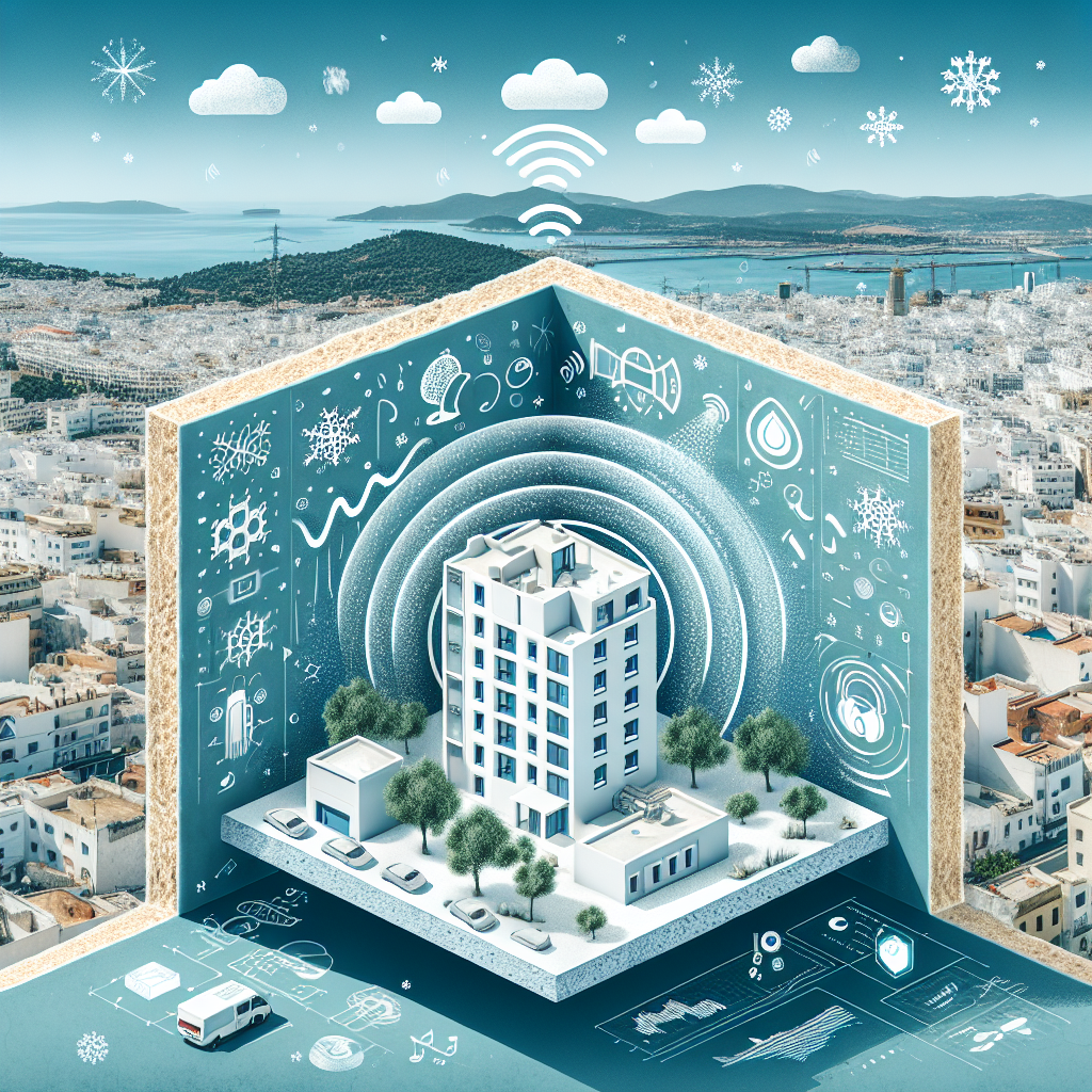 Vue numérique d'une ville intelligente avec bâtiments connectés illustrant l'isolation thermique et acoustique par mousse pol