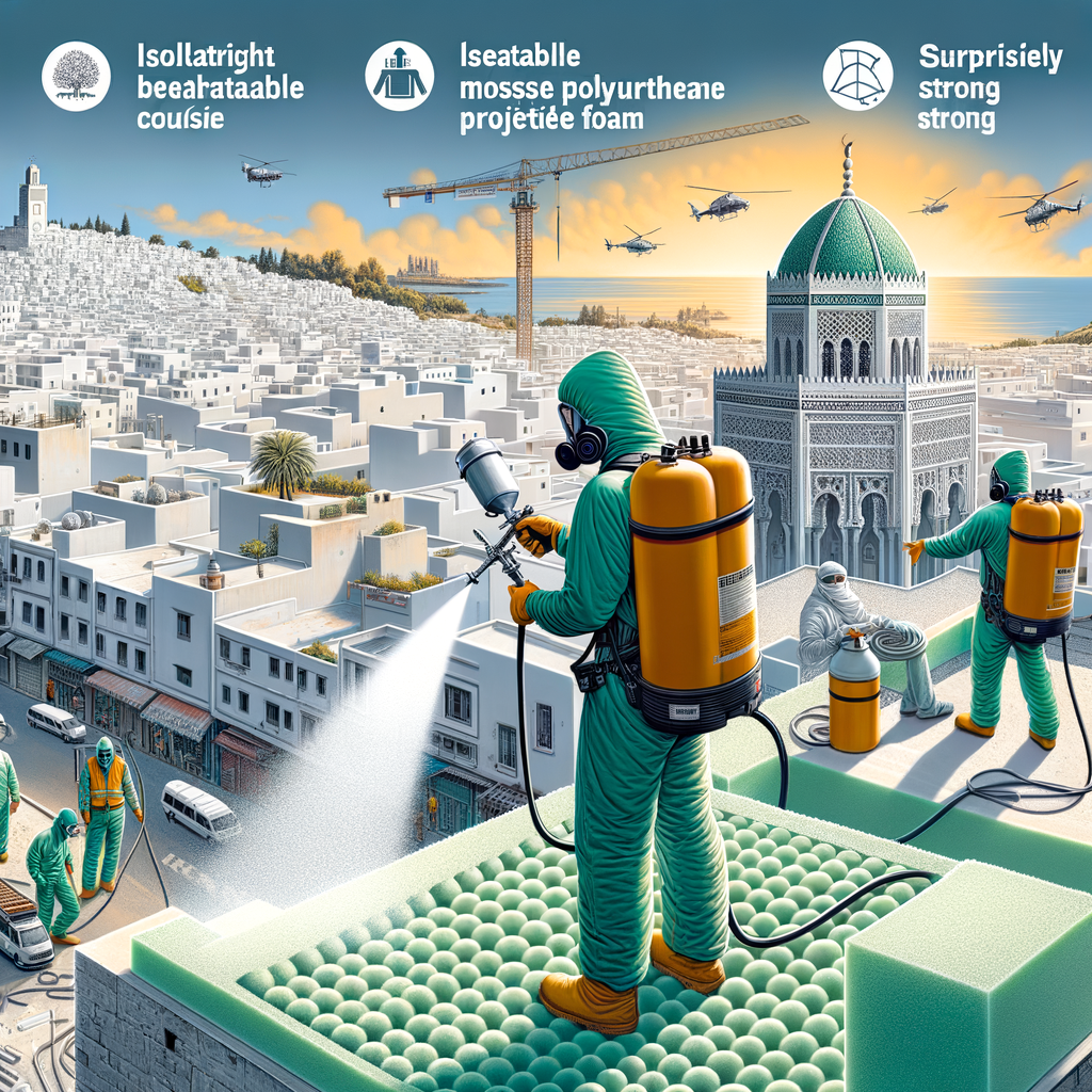 Workers in protective suits applying ICYNENE spray polyurethane foam insulation on a rooftop in Tanger.