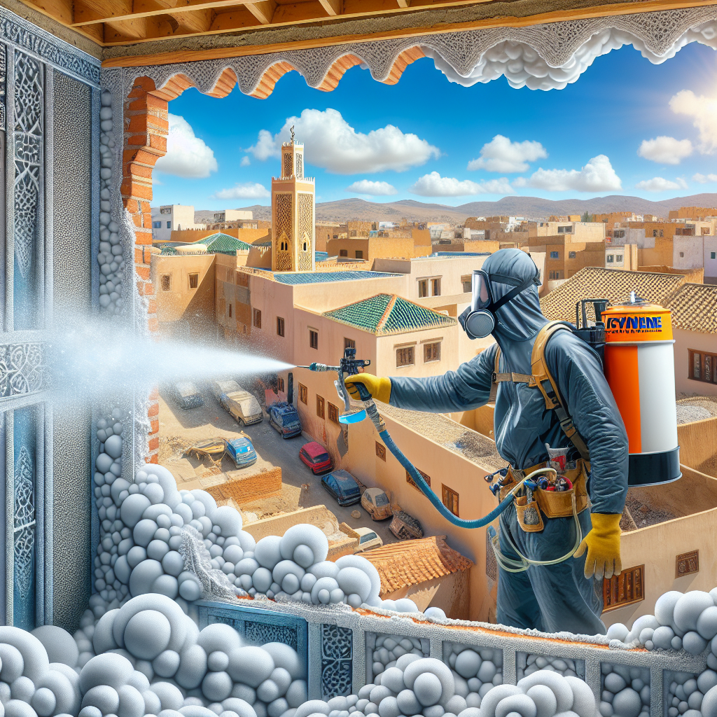 Technician spraying polyurethane foam insulation on a ceiling for thermal and acoustic isolation in Rabat.