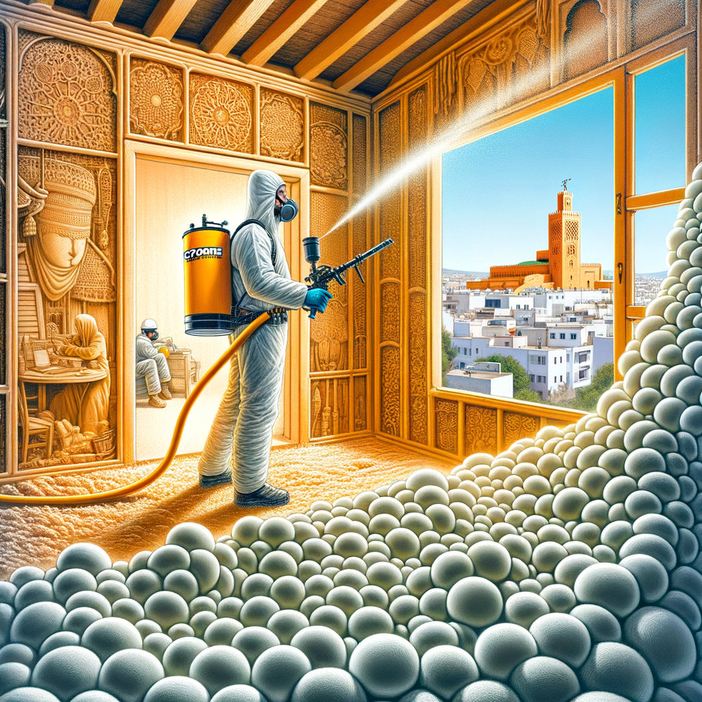 Person in protective suit applying spray foam insulation in an ornately decorated room overlooking Rabat cityscape.