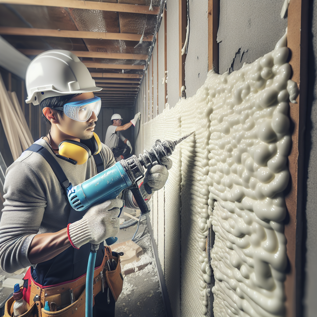 Construction worker spraying ICYNENE polyurethane foam insulation on interior wall for thermal and acoustic protection.