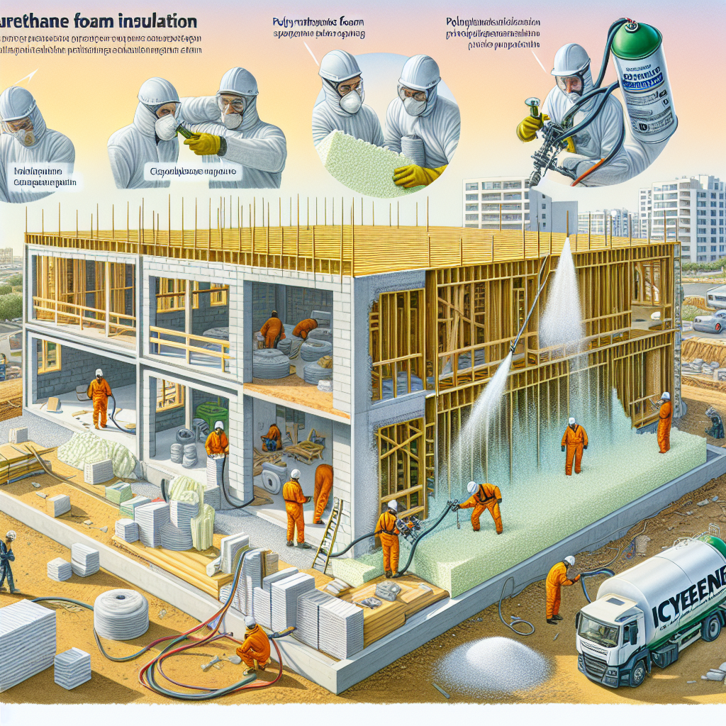 Construction workers spraying ICYNENE polyurethane foam insulation on a multi-story building in El Jadida.