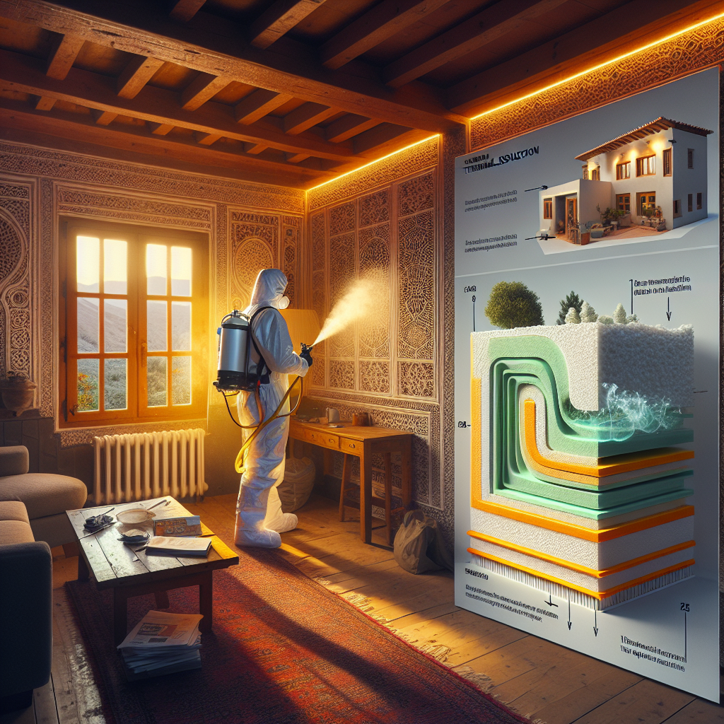 Person in protective gear spraying ICYNENE polyurethane foam insulation in a vintage living room for thermal and acoustic com