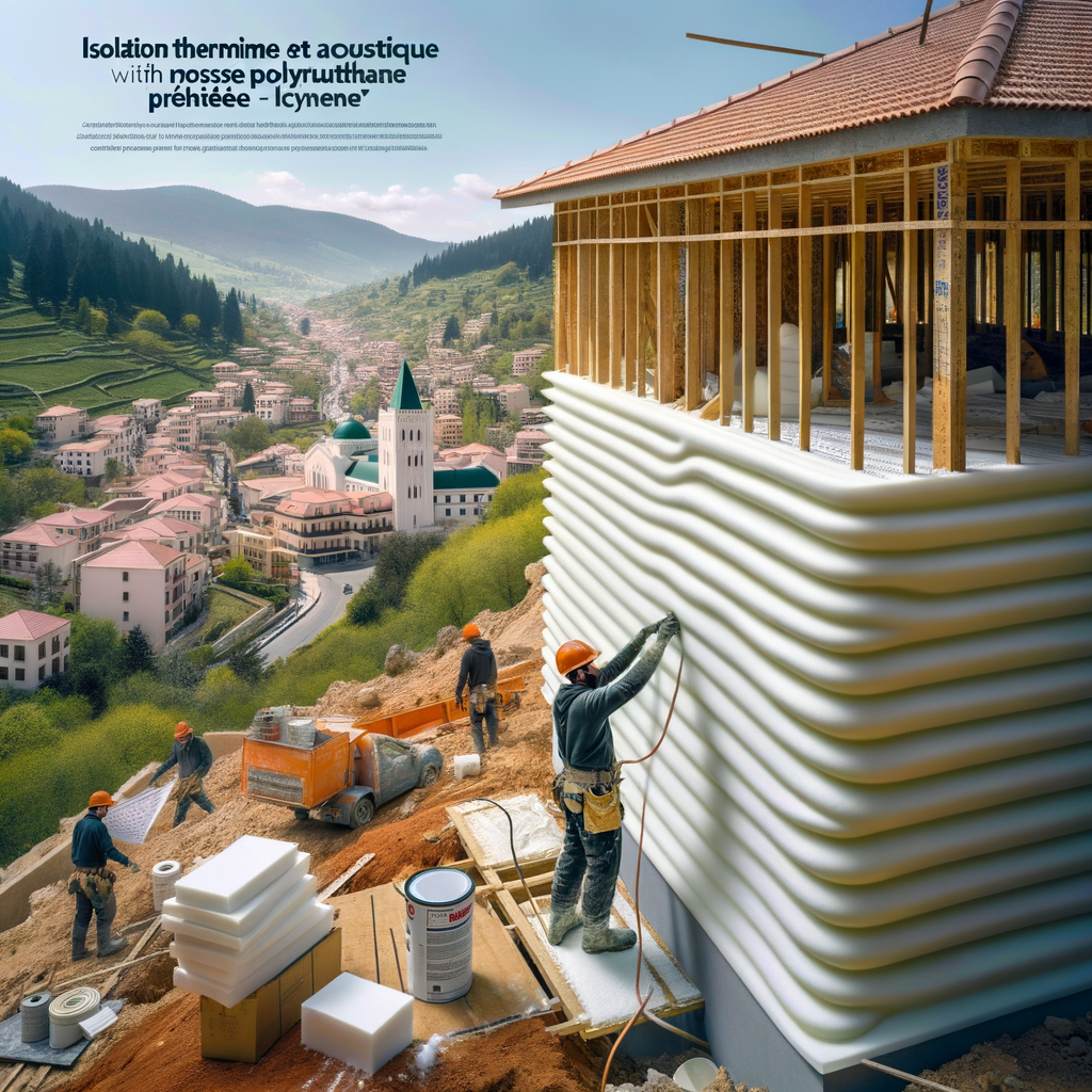 Construction workers applying ICYNENE sprayed polyurethane foam insulation on a building exterior in Ifrane's mountainous vil