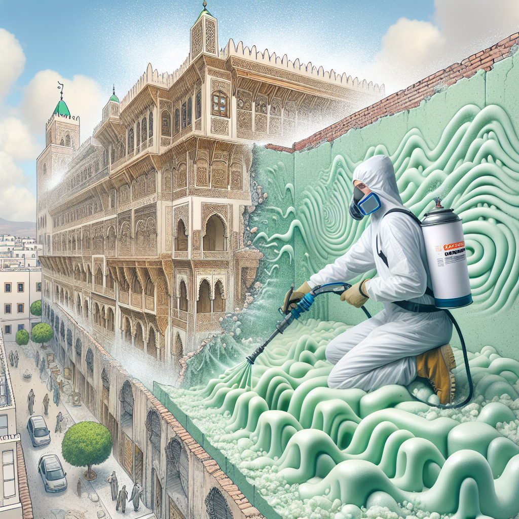 Person in protective gear spraying polyurethane foam insulation on a rooftop in Meknès for thermal and acoustic isolation.