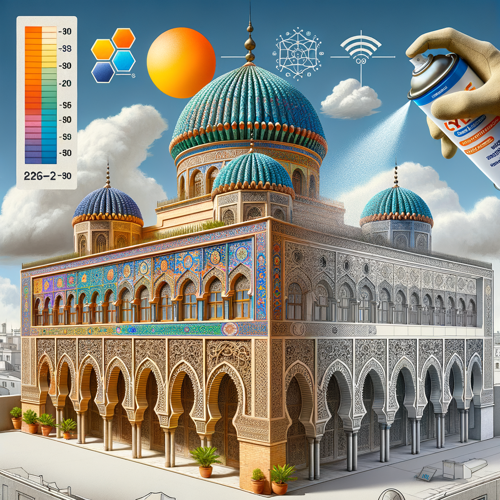 Illustration of a historic mosque in Meknès with spray-applied polyurethane foam enhancing thermal and acoustic insulation.