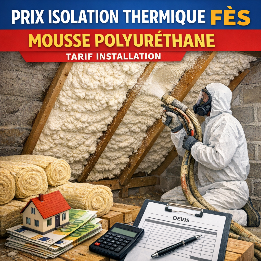 Installation de mousse polyuréthane pour isolation thermique à Fès, avec devis et tarifs affichés.