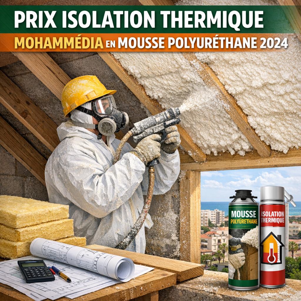 Professionnel appliquant de la mousse polyuréthane pour l’isolation thermique dans un grenier à Mohammédia en 2024.