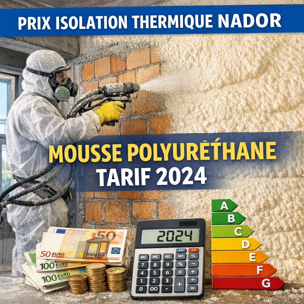 Worker applying white polyurethane foam insulation on a wall with energy efficiency rating and 2024 price details.