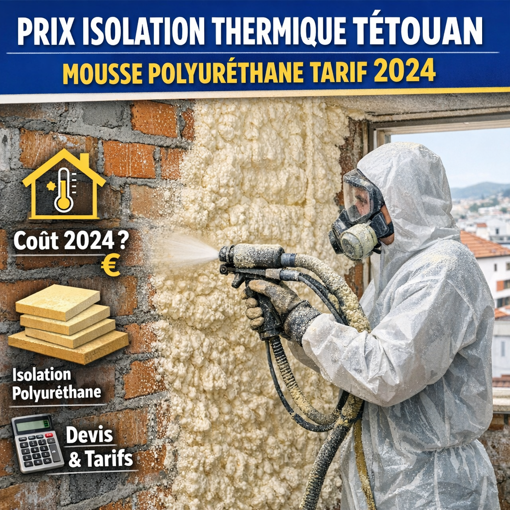 Spraying polyurethane foam insulation on a wall for thermal insulation in Tétouan, 2024 pricing and cost details shown.